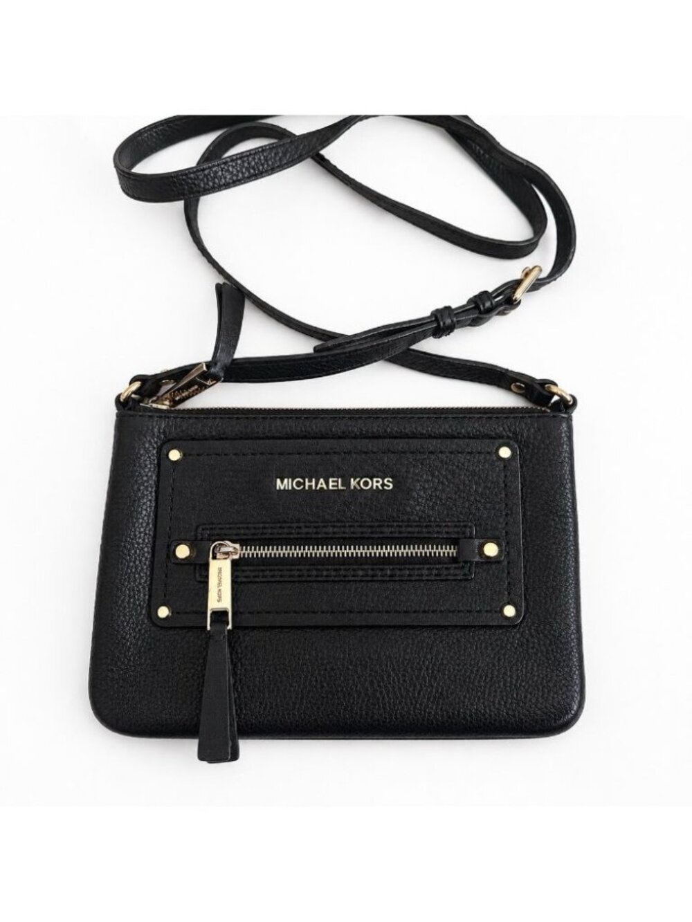 Michael Kors Black Leather Cross Body Bag Purse Gold Hardware Adjustable Strap